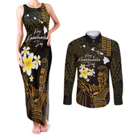 Personalised Hawaii King Kamehameha Day Couples Matching Tank Maxi Dress and Long Sleeve Button Shirt Plumeria With Kakau Pattern - Gold