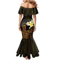 Personalised Hawaii King Kamehameha Day Family Matching Mermaid Dress and Hawaiian Shirt Plumeria With Kakau Pattern - Gold