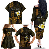 Personalised Hawaii King Kamehameha Day Family Matching Off The Shoulder Long Sleeve Dress and Hawaiian Shirt Plumeria With Kakau Pattern - Gold