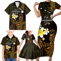 Personalised Hawaii King Kamehameha Day Family Matching Short Sleeve Bodycon Dress and Hawaiian Shirt Plumeria With Kakau Pattern - Gold