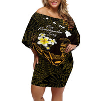 Personalised Hawaii King Kamehameha Day Off Shoulder Short Dress Plumeria With Kakau Pattern - Gold LT14 Women Gold - Polynesian Pride