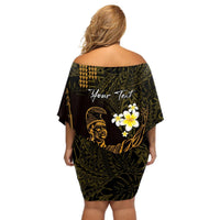 Personalised Hawaii King Kamehameha Day Off Shoulder Short Dress Plumeria With Kakau Pattern - Gold LT14 - Polynesian Pride