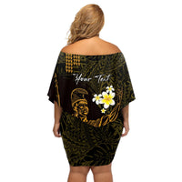 Personalised Hawaii King Kamehameha Day Off Shoulder Short Dress Plumeria With Kakau Pattern - Gold LT14 - Polynesian Pride