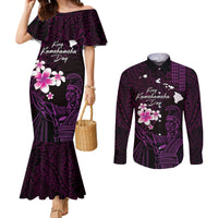 Personalised Hawaii King Kamehameha Day Couples Matching Mermaid Dress and Long Sleeve Button Shirt Plumeria With Kakau Pattern - Purple LT14 Purple - Polynesian Pride