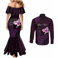 Personalised Hawaii King Kamehameha Day Couples Matching Mermaid Dress and Long Sleeve Button Shirt Plumeria With Kakau Pattern - Purple LT14 - Polynesian Pride
