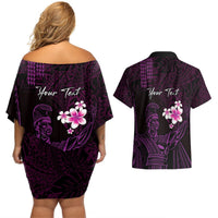 Personalised Hawaii King Kamehameha Day Couples Matching Off Shoulder Short Dress and Hawaiian Shirt Plumeria With Kakau Pattern - Purple LT14 - Polynesian Pride