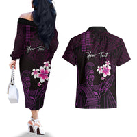 Personalised Hawaii King Kamehameha Day Couples Matching Off The Shoulder Long Sleeve Dress and Hawaiian Shirt Plumeria With Kakau Pattern - Purple