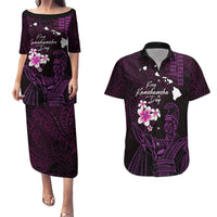Personalised Hawaii King Kamehameha Day Couples Matching Puletasi and Hawaiian Shirt Plumeria With Kakau Pattern - Purple