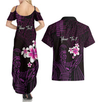 Personalised Hawaii King Kamehameha Day Couples Matching Summer Maxi Dress and Hawaiian Shirt Plumeria With Kakau Pattern - Purple