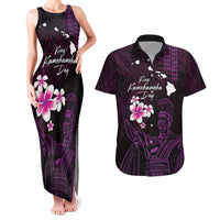 Personalised Hawaii King Kamehameha Day Couples Matching Tank Maxi Dress and Hawaiian Shirt Plumeria With Kakau Pattern - Purple