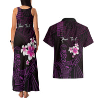 Personalised Hawaii King Kamehameha Day Couples Matching Tank Maxi Dress and Hawaiian Shirt Plumeria With Kakau Pattern - Purple