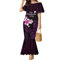 Personalised Hawaii King Kamehameha Day Family Matching Mermaid Dress and Hawaiian Shirt Plumeria With Kakau Pattern - Purple