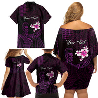 Personalised Hawaii King Kamehameha Day Family Matching Off Shoulder Short Dress and Hawaiian Shirt Plumeria With Kakau Pattern - Purple