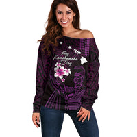 Personalised Hawaii King Kamehameha Day Off Shoulder Sweater Plumeria With Kakau Pattern - Purple