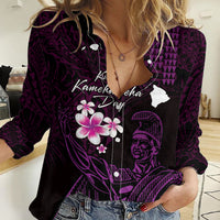 Personalised Hawaii King Kamehameha Day Women Casual Shirt Plumeria With Kakau Pattern - Purple