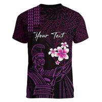 Personalised Hawaii King Kamehameha Day Women V Neck T Shirt Plumeria With Kakau Pattern - Purple