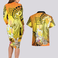 Polynesia Easter Day Couples Matching Long Sleeve Bodycon Dress and Hawaiian Shirt He Is Risen Lilium Longiflorum Polynesian Pattern LT14 - Polynesian Pride