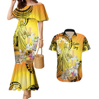 Polynesia Easter Day Couples Matching Mermaid Dress and Hawaiian Shirt He Is Risen Lilium Longiflorum Polynesian Pattern LT14 Gold - Polynesian Pride