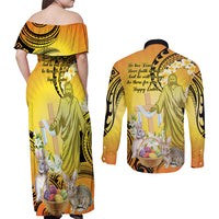 Polynesia Easter Day Couples Matching Off Shoulder Maxi Dress and Long Sleeve Button Shirt He Is Risen Lilium Longiflorum Polynesian Pattern LT14 - Polynesian Pride
