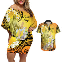 Polynesia Easter Day Couples Matching Off Shoulder Short Dress and Hawaiian Shirt He Is Risen Lilium Longiflorum Polynesian Pattern LT14 Gold - Polynesian Pride
