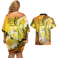 Polynesia Easter Day Couples Matching Off Shoulder Short Dress and Hawaiian Shirt He Is Risen Lilium Longiflorum Polynesian Pattern LT14 - Polynesian Pride