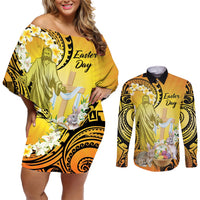 Polynesia Easter Day Couples Matching Off Shoulder Short Dress and Long Sleeve Button Shirt He Is Risen Lilium Longiflorum Polynesian Pattern LT14 Gold - Polynesian Pride