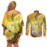 Polynesia Easter Day Couples Matching Off Shoulder Short Dress and Long Sleeve Button Shirt He Is Risen Lilium Longiflorum Polynesian Pattern LT14 - Polynesian Pride