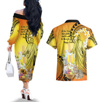 Polynesia Easter Day Couples Matching Off The Shoulder Long Sleeve Dress and Hawaiian Shirt He Is Risen Lilium Longiflorum Polynesian Pattern LT14 - Polynesian Pride
