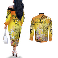 Polynesia Easter Day Couples Matching Off The Shoulder Long Sleeve Dress and Long Sleeve Button Shirt He Is Risen Lilium Longiflorum Polynesian Pattern LT14 - Polynesian Pride