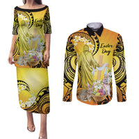 Polynesia Easter Day Couples Matching Puletasi and Long Sleeve Button Shirt He Is Risen Lilium Longiflorum Polynesian Pattern LT14 Gold - Polynesian Pride