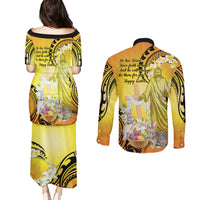 Polynesia Easter Day Couples Matching Puletasi and Long Sleeve Button Shirt He Is Risen Lilium Longiflorum Polynesian Pattern LT14 - Polynesian Pride