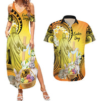Polynesia Easter Day Couples Matching Summer Maxi Dress and Hawaiian Shirt He Is Risen Lilium Longiflorum Polynesian Pattern LT14 Gold - Polynesian Pride