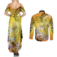 Polynesia Easter Day Couples Matching Summer Maxi Dress and Long Sleeve Button Shirt He Is Risen Lilium Longiflorum Polynesian Pattern LT14 - Polynesian Pride