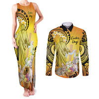 Polynesia Easter Day Couples Matching Tank Maxi Dress and Long Sleeve Button Shirt He Is Risen Lilium Longiflorum Polynesian Pattern LT14 Gold - Polynesian Pride