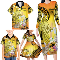 Polynesia Easter Day Family Matching Long Sleeve Bodycon Dress and Hawaiian Shirt He Is Risen Lilium Longiflorum Polynesian Pattern LT14 - Polynesian Pride