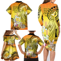 Polynesia Easter Day Family Matching Long Sleeve Bodycon Dress and Hawaiian Shirt He Is Risen Lilium Longiflorum Polynesian Pattern LT14 - Polynesian Pride