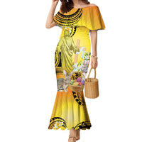 Polynesia Easter Day Family Matching Mermaid Dress and Hawaiian Shirt He Is Risen Lilium Longiflorum Polynesian Pattern LT14 Mom's Dress Gold - Polynesian Pride