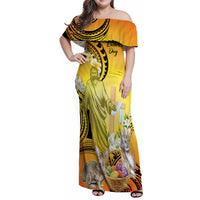 Polynesia Easter Day Family Matching Off Shoulder Maxi Dress and Hawaiian Shirt He Is Risen Lilium Longiflorum Polynesian Pattern LT14 Mom's Dress Gold - Polynesian Pride