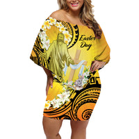 Polynesia Easter Day Family Matching Off Shoulder Short Dress and Hawaiian Shirt He Is Risen Lilium Longiflorum Polynesian Pattern LT14 Mom's Dress Gold - Polynesian Pride