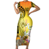 Polynesia Easter Day Family Matching Short Sleeve Bodycon Dress and Hawaiian Shirt He Is Risen Lilium Longiflorum Polynesian Pattern LT14 Mom's Dress Gold - Polynesian Pride
