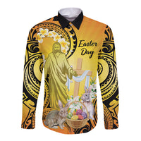 Polynesia Easter Day Long Sleeve Button Shirt He Is Risen Lilium Longiflorum Polynesian Pattern LT14 Unisex Gold - Polynesian Pride