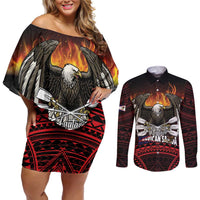 Fautasi Race Day American Samoa Couples Matching Off Shoulder Short Dress and Long Sleeve Button Shirt Bald Eagle Polynesian Tattoo