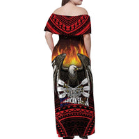 Fautasi Race Day American Samoa Family Matching Off Shoulder Maxi Dress and Hawaiian Shirt Bald Eagle Polynesian Tattoo