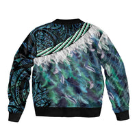 Turquoise Traditional Cloak Aotearoa Bomber Jacket Maori Paua Shell Korowai Pattern