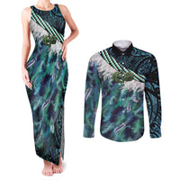 Turquoise Traditional Cloak Aotearoa Couples Matching Tank Maxi Dress and Long Sleeve Button Shirt Maori Paua Shell Korowai Pattern LT14 Turquoise - Polynesian Pride