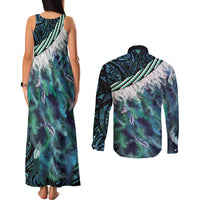 Turquoise Traditional Cloak Aotearoa Couples Matching Tank Maxi Dress and Long Sleeve Button Shirt Maori Paua Shell Korowai Pattern LT14 - Polynesian Pride