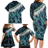 Turquoise Traditional Cloak Aotearoa Family Matching Long Sleeve Bodycon Dress and Hawaiian Shirt Maori Paua Shell Korowai Pattern