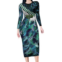 Turquoise Traditional Cloak Aotearoa Family Matching Long Sleeve Bodycon Dress and Hawaiian Shirt Maori Paua Shell Korowai Pattern