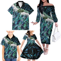 Turquoise Traditional Cloak Aotearoa Family Matching Off The Shoulder Long Sleeve Dress and Hawaiian Shirt Maori Paua Shell Korowai Pattern