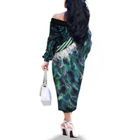 Turquoise Traditional Cloak Aotearoa Family Matching Off The Shoulder Long Sleeve Dress and Hawaiian Shirt Maori Paua Shell Korowai Pattern